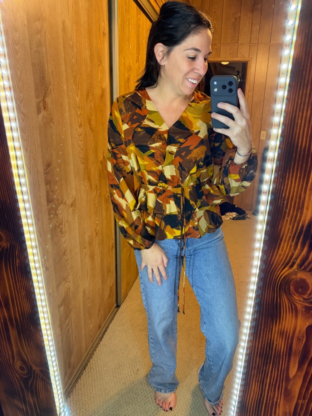 Abstract Leaf-Print V-Neck Peplum Blouse in Rust Multi